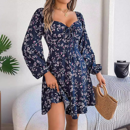 Newly Released at Buy Center: Fashion Floral Print Lantern Sleeve Dress Casual Sexy Tie Square Neck Long Sleeve A-Line Dress Women's Clothing Dark Blue