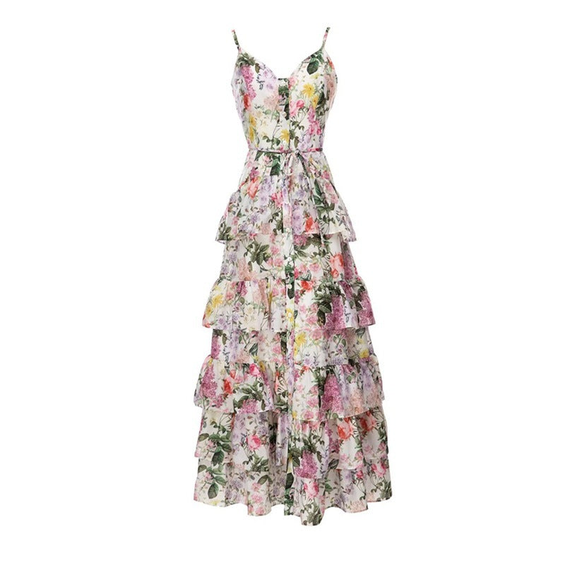 Buy Center Handpicked- New Elegant Single-breasted Spaghetti-strap Floral Print Ruffled Large Swing Dress