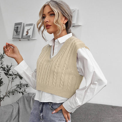 New V-neck Knitted Vest Sweater Vest Sleeveless Waistcoat Women's Sweater Twist