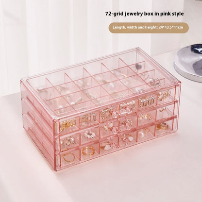 Just Arrived at Buy Center: Transparent Jewelry Storage Box Multi-layer Large Capacity Rings Ear Studs Necklace Bracelet Household Drawer Transparent Pink 72Grid