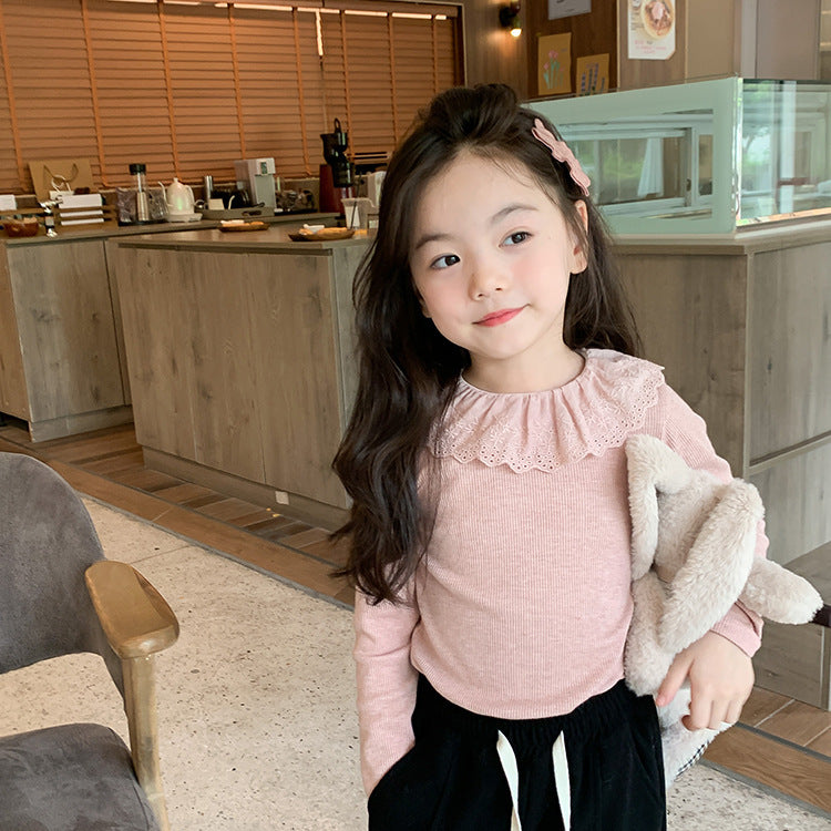 Newly Released at Buy Center: Girls' Soft Cashmere Sunken Stripe Lace Collar Bottoming Shirt Pink