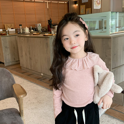 Newly Released at Buy Center: Girls' Soft Cashmere Sunken Stripe Lace Collar Bottoming Shirt Pink