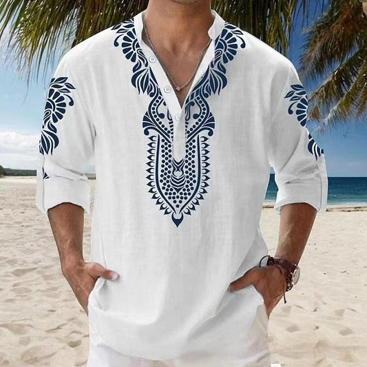 Camisa informal de playa de manga larga con cuello alto para hombre