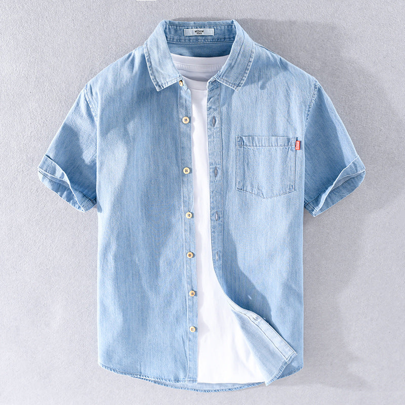 Fresh on the Scene at Buy Center: Summer Cotton Short Sleeve Denim Shirt For Men Classic All-matching Light Blue