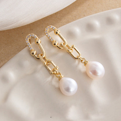 New Natural Freshwater Pearl Fashionable Retro Horseshoe Buckle S925 Silver Needle Earrings Gold