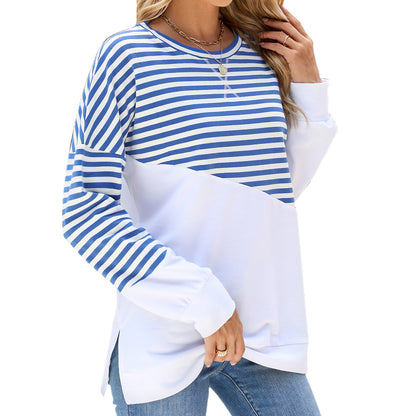 Newly Released at Buy Center: Striped Printed Long Sleeve T Shirt Fashion Casual Round Neck Pullover Split Design Women's Clothing Blue White