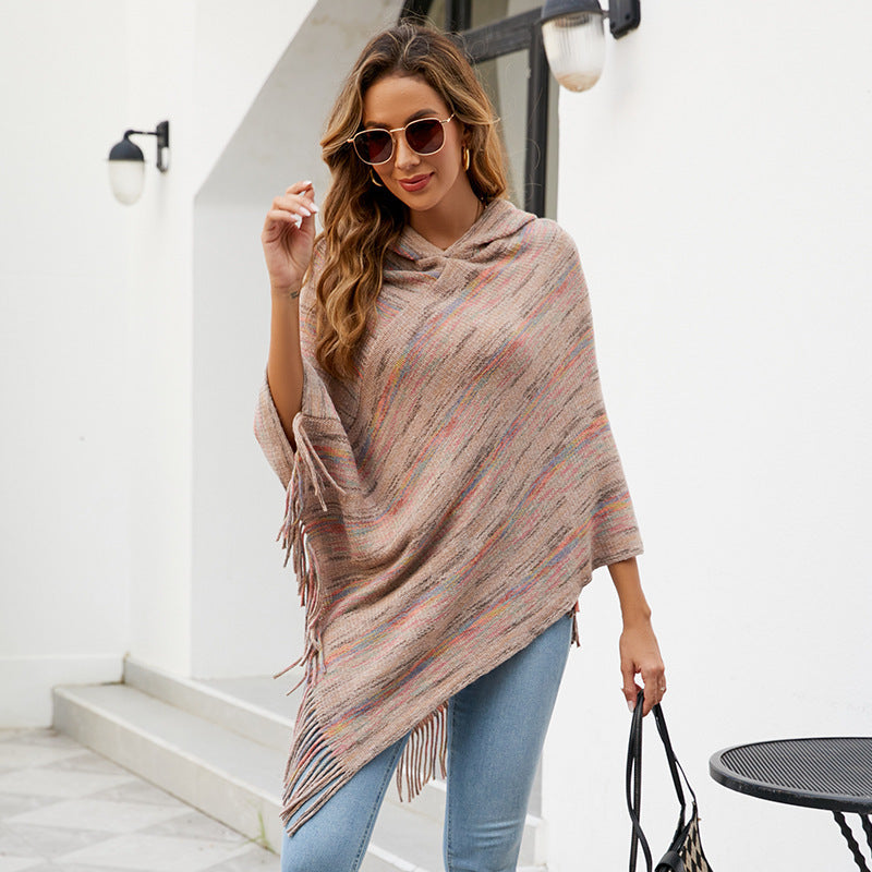 Hooded Striped Tassel Cape And Shawl Women Buy Center