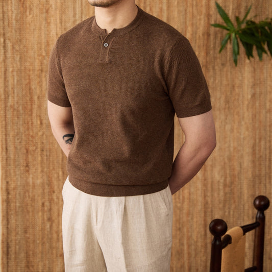 Just Arrived at Buy Center: Knitted Short-sleeved T-shirt Men's Cotton Casual Bottoming Shirt flower brown