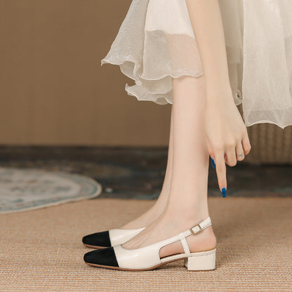 Trending Now at Buy Center: Leather Toe Cap French Style Chunky Heel Color Matching Women's Shoes Apricot