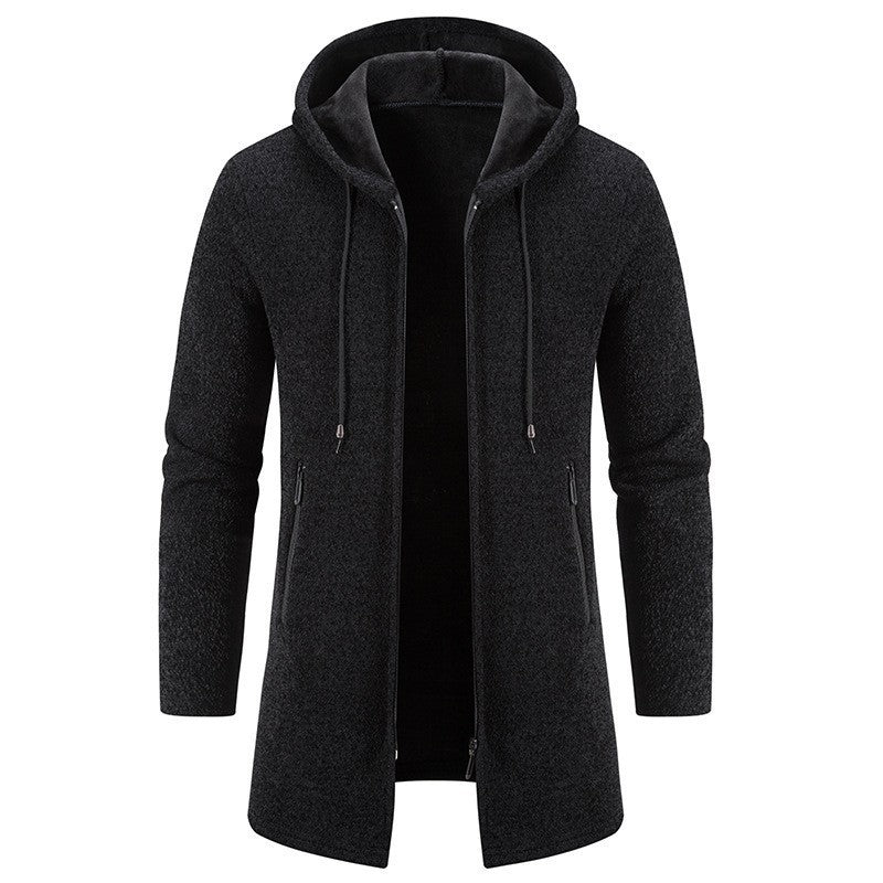 Autumn And Winter Fleece-lined Thickening Trendy Solid Color Men's Cardigan Mid-length Hooded Jacket Buy Center