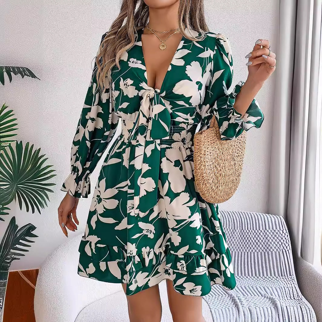 Trending Now at Buy Center: New Floral Printed V-Neck Long Sleeve Dress Fashion Ruffles Bowknot A-Line Short Dress Women's Clothing Green