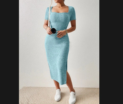 New Square Collar Side Slit Rib Knit Dress Sky Blue