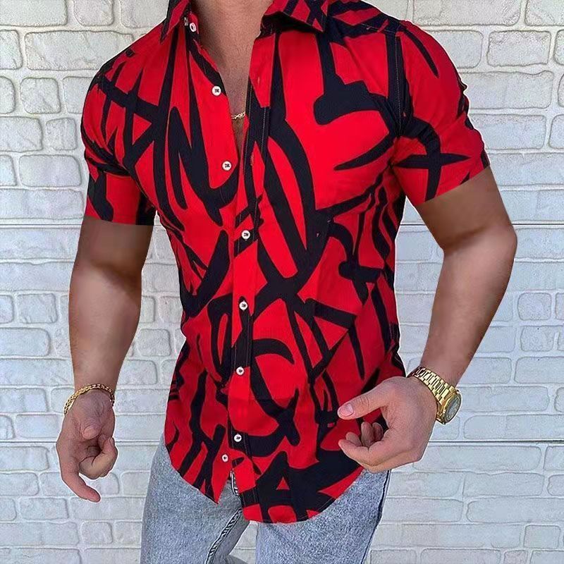 European And American Style Men's Clothing Lapel Print Casual Loose Short Sleeves Shirt