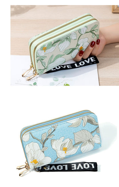 Cartera larga de gran capacidad con doble cremallera y diseño de flores