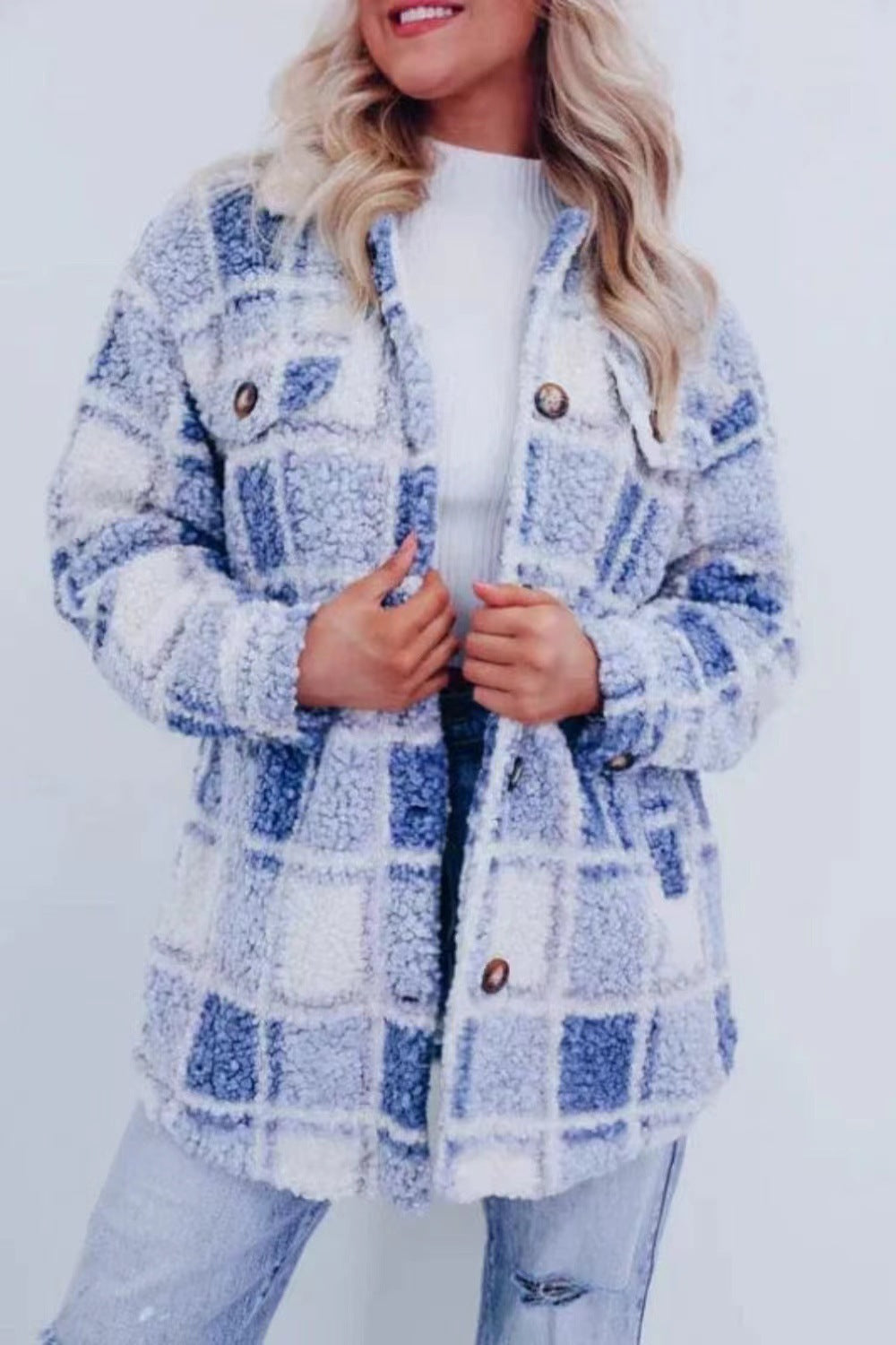 Winter Multicolor Plaid Warm Polo Collar Jacket Women's Fashion All-match Long-sleeved Coat Women Buy Center