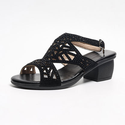 Fresh on the Scene at Buy Center: Summer Female Chunky Heel Rhinestone Hollow Out Peep-toe High-heeled Sandals Black