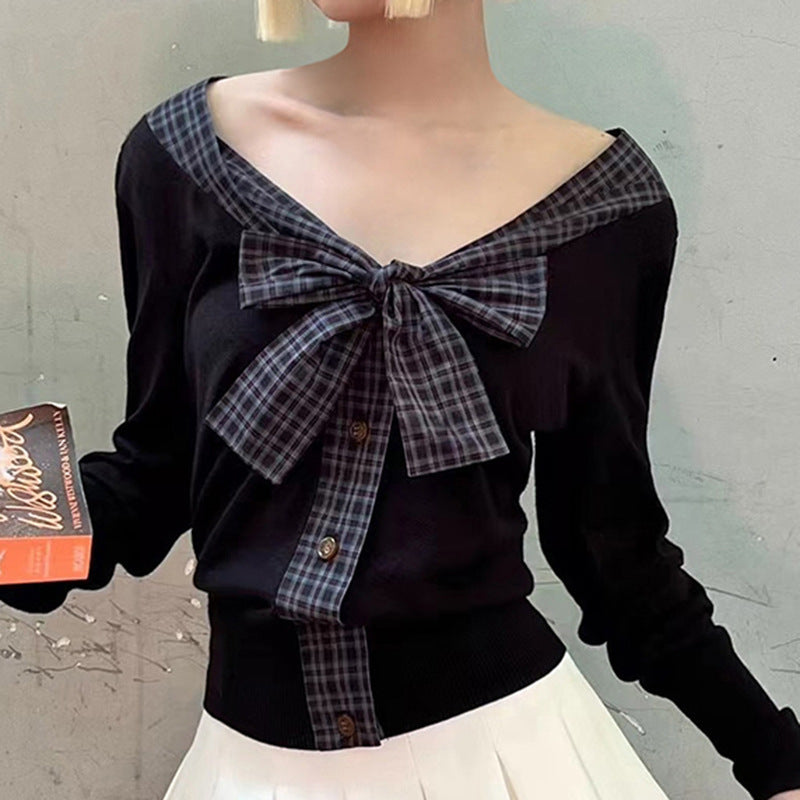 French Style Temperament Bowknot Slimming Hot Girl Knitted Top Buy Center