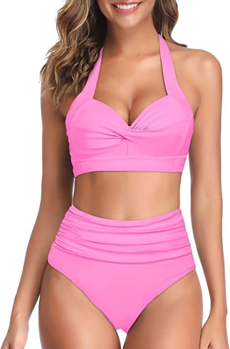 New Split Bow Bikini Seaside Vacation Swimwear Pink