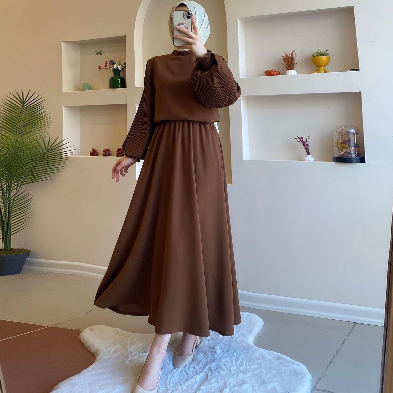 Buy Center Premium-Middle East Muslim Arab Fall Winter Fashion Pleated Lace-up Dress IQ386 Brown