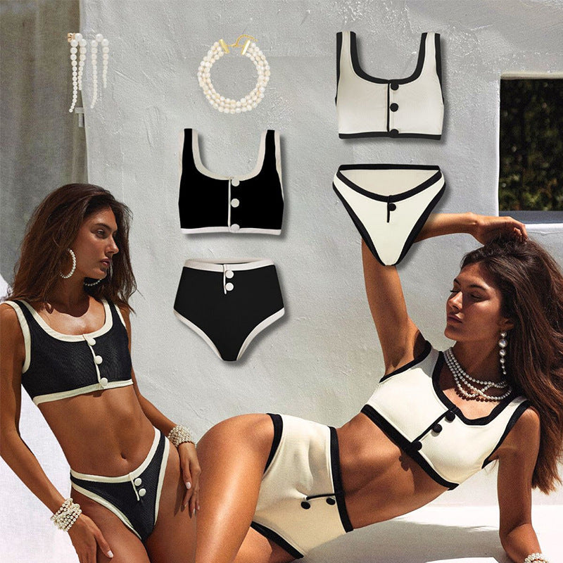 Hot New Items at Buy Center: Sexy Black And White Color Matching High Waist Split Bikini Swimsuit