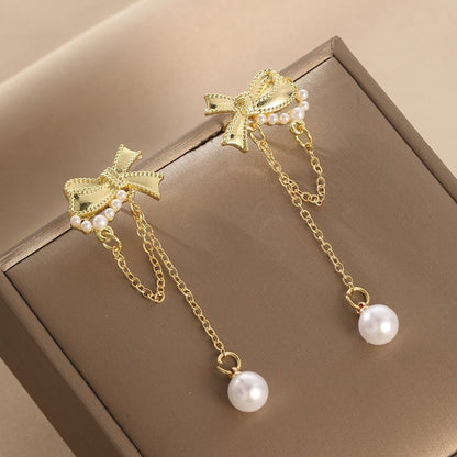 Buy Center Ultimate-Bow Earrings Women's Long Tassel Pearl Earrings Korean Temperament High-end Personalized Earrings