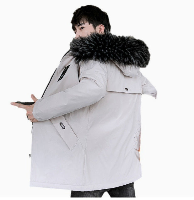 Veste mi-longue épaisse à capuche doublée polaire pour homme, manteau d'hiver en coton rembourré pour jeune