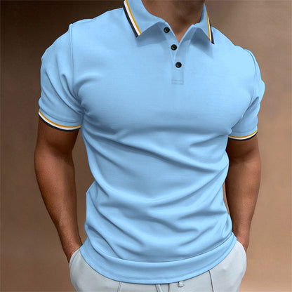 Now Available at Buy Center: Men's Slim Polo Shirt Rib Striped T-shirt Top Light Blue