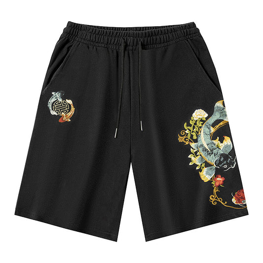 Short pour garçon de style chinois de marque de mode brodé Koi lourd en pur coton fin