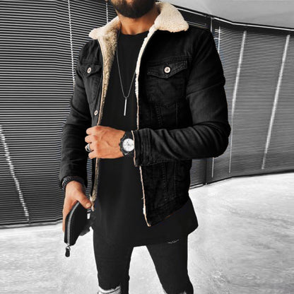 Just Arrived at Buy Center: Lamb Wool Thickening Denim Jacket Black