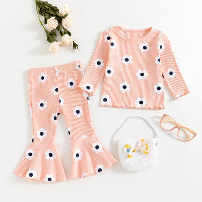 Fresh Arrivals at Buy Center: Girls' Small Sunflower Sunken Stripe Long Sleeve Round-neck Shirt Bell-bottom Pants Two-piece Set Pink