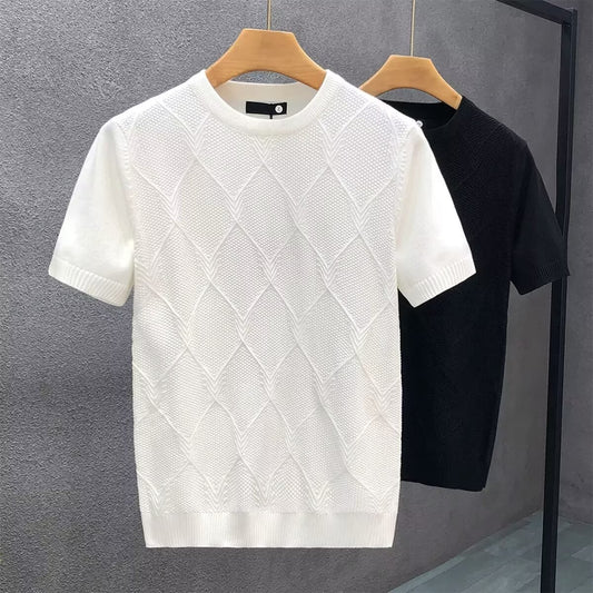 Diamond Lattice White Sweater With Short Sleeves Men's Slim Bottoming Shirt | Men's Clothing4 | Buy Center