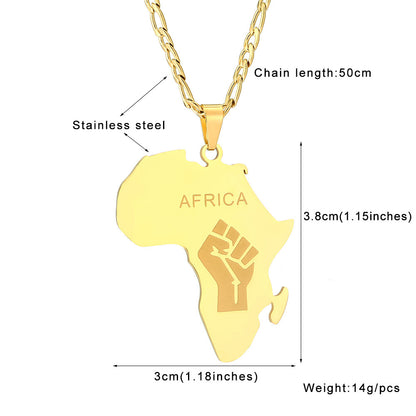 Newly Arrived at Buy Center: Men And Women Couple Titanium Steel Glossy Gold Africa Map Fist Shape Pendant Necklace