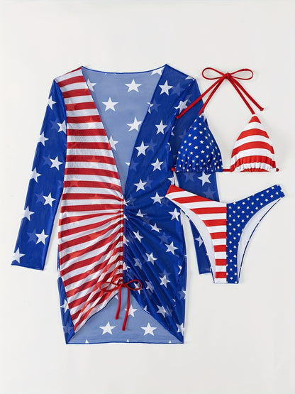 Fresh Arrivals at Buy Center: Women's Swimsuit Sleeveless Halter Loose Independence Day Flag Printed Gauze Three-piece Suit