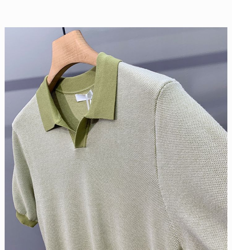 Hot New Items at Buy Center: Men's Ice Silk Knitted Trendy Niche Contrast Color Lapels Short Sleeve