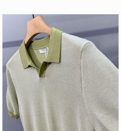 Hot New Items at Buy Center: Men's Ice Silk Knitted Trendy Niche Contrast Color Lapels Short Sleeve