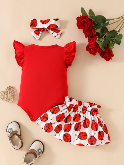 Hot New Items at Buy Center: Three-piece Suit Cute Beetle Print Flounced Sleeve Romper With Short Skirt With Headscarf