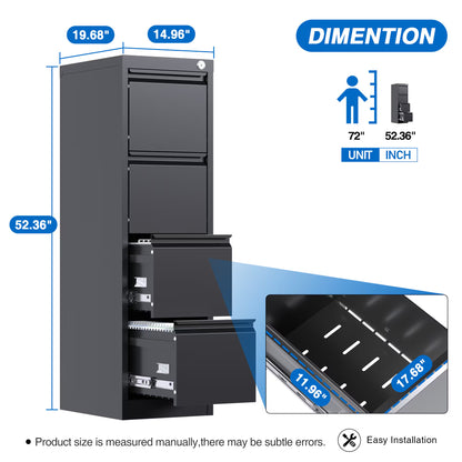 4 Drawer File Cabinet, Metal Vertical File Storage Cabinet With Lock, Office Home Steel File Cabinet For A4 Letter Legal Size, 14.96inch W X 17.72inch D X 52.36inch H, Assembly Required Black Buy Center