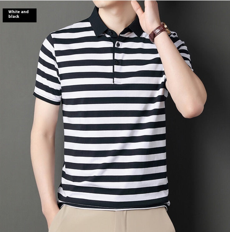 Summer Short-sleeved T-shirt Men's Cotton Ice Silk Polo Collar Stripes Youth Undershirt | Men's Clothing2 | Buy Center