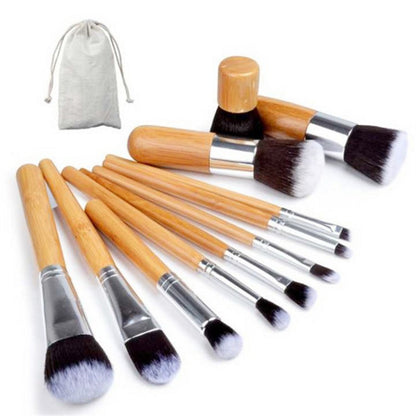 Ensemble de 11 pinceaux de maquillage avec manche en bambou et sac pour outils de beauté