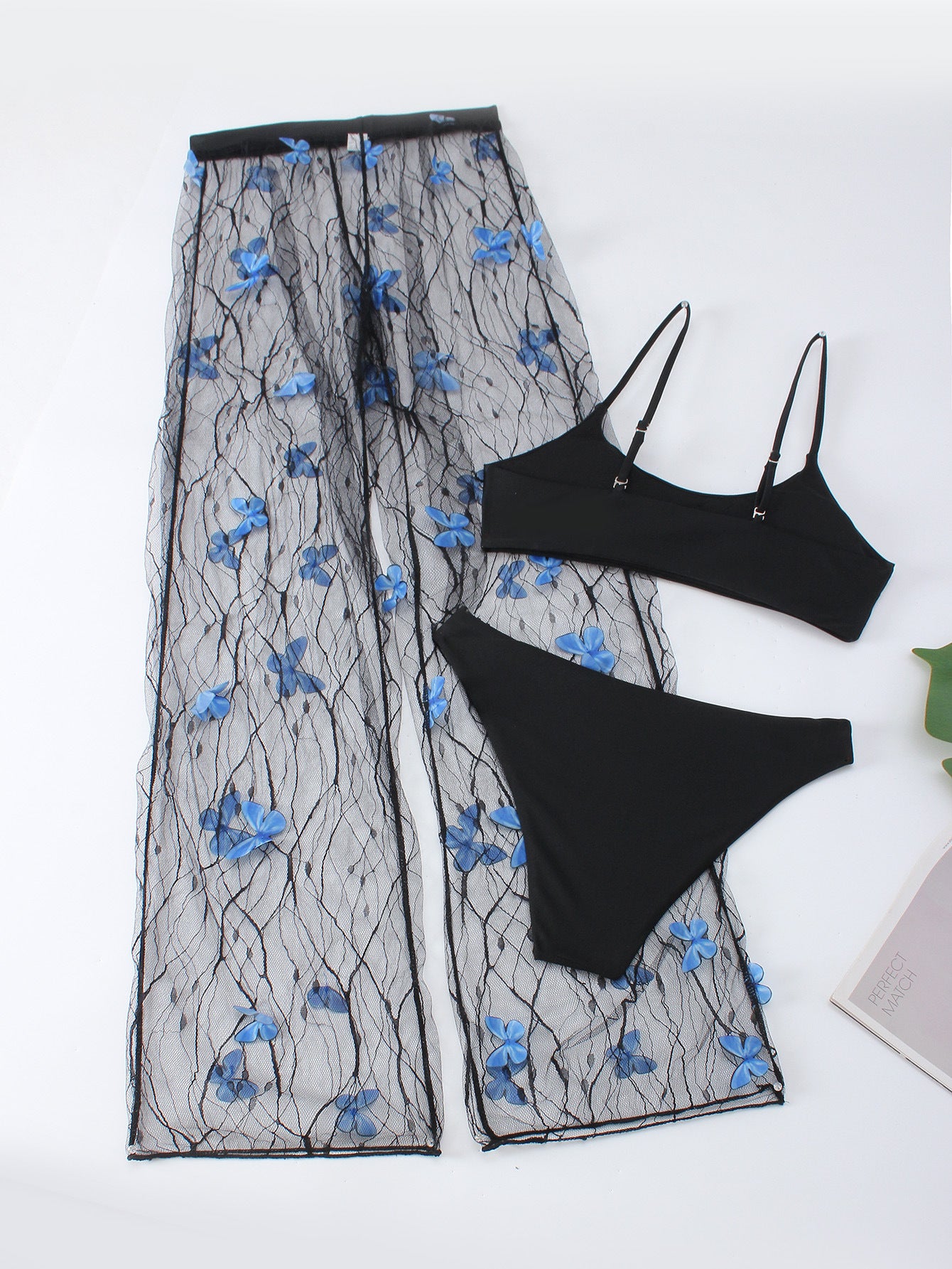 Fresh Arrivals at Buy Center: Women's Voile Transparent Black Butterfly Bikini Three-piece Set