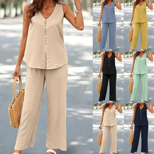 Buy Center Hot Pick-Women's Casual Solid Color Printing Vest Wide Leg Pants Suit