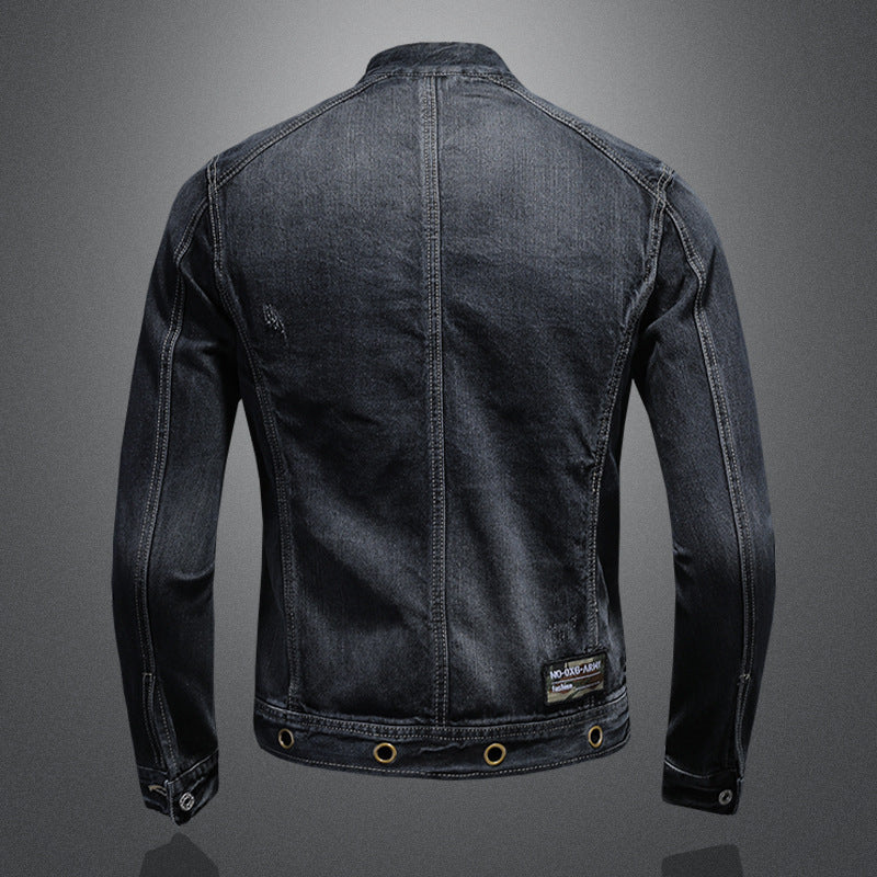 Men's Stand-up Collar Dark Blue Motorcycle Vintage Zipper Denim Coat Buy Center