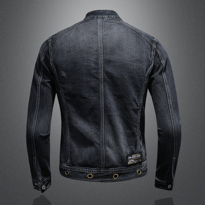 Men's Stand-up Collar Dark Blue Motorcycle Vintage Zipper Denim Coat Buy Center