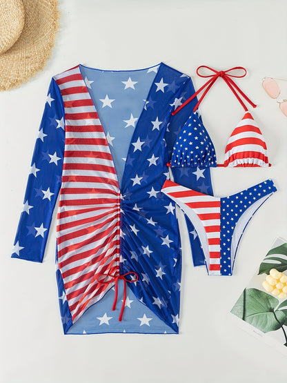 Fresh Arrivals at Buy Center: Women's Swimsuit Sleeveless Halter Loose Independence Day Flag Printed Gauze Three-piece Suit