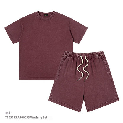 Just Arrived at Buy Center: Children's Clothing American 250g Heavy Washed Old Boys And Girls Suit Boys Two Piece Purplish Red