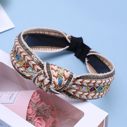 Buy Center Top Rated-Fabric Knotted Hair Accessories Bohemian Woven Headband Milk Tea Color