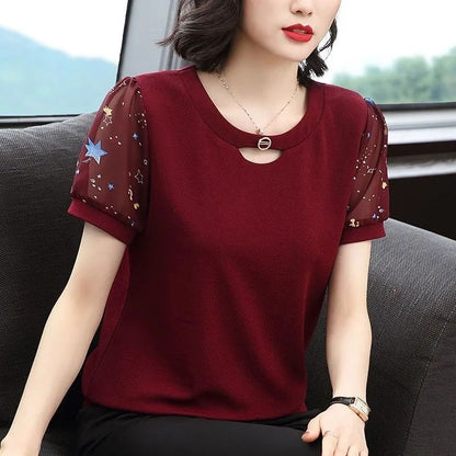 Women's Short-sleeved Chiffon Shirt Summer Korean Style Loose Wine Red