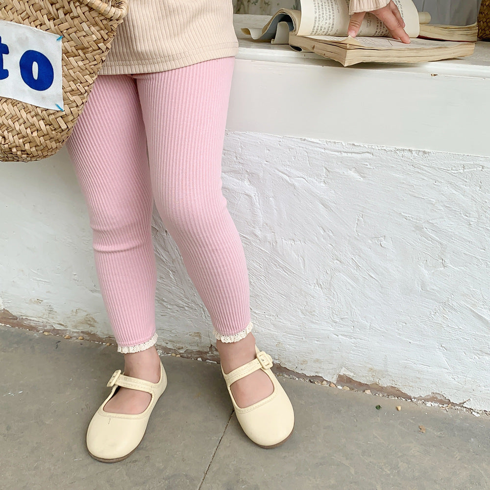 Fresh Arrivals at Buy Center: Outerwear Spring Children's Clothing Sunken Stripe Slim-fit Pants Baby Lace Trousers Pink