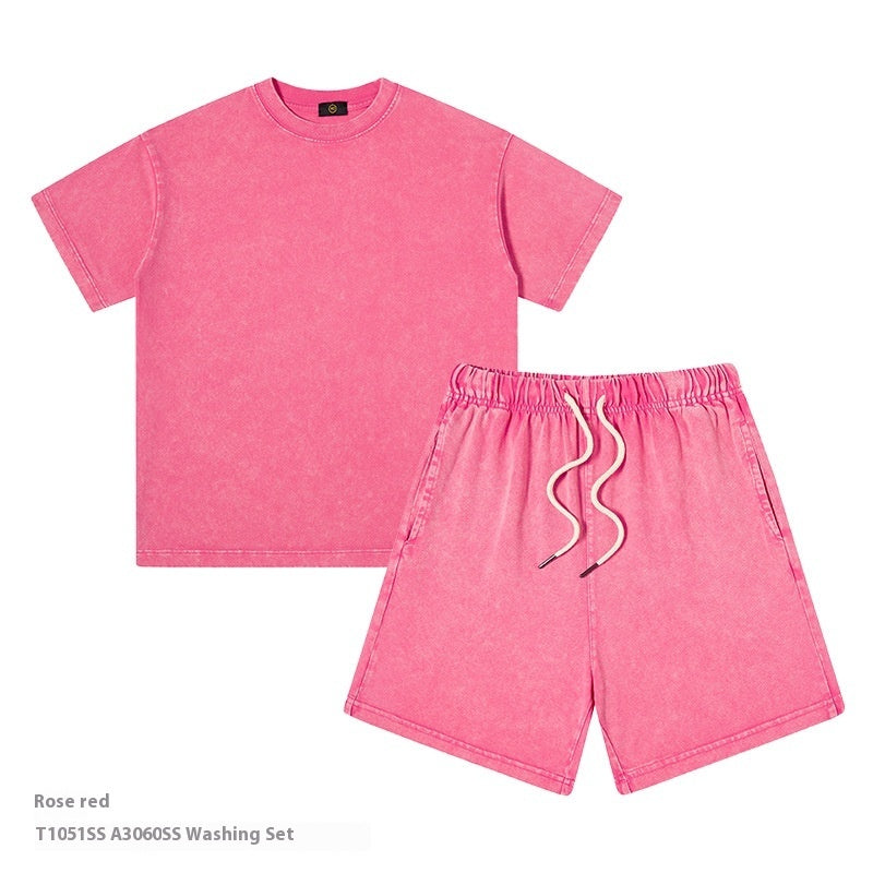 Just Arrived at Buy Center: Children's Clothing American 250g Heavy Washed Old Boys And Girls Suit Boys Two Piece Rose Red