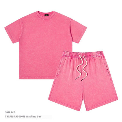 Just Arrived at Buy Center: Children's Clothing American 250g Heavy Washed Old Boys And Girls Suit Boys Two Piece Rose Red